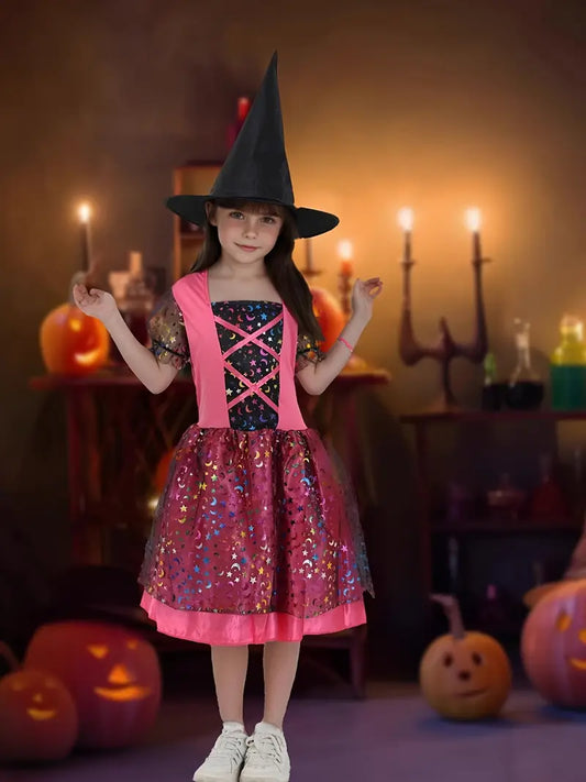 2pcs Enchanting Witch-Style Pink & Black Dress Set