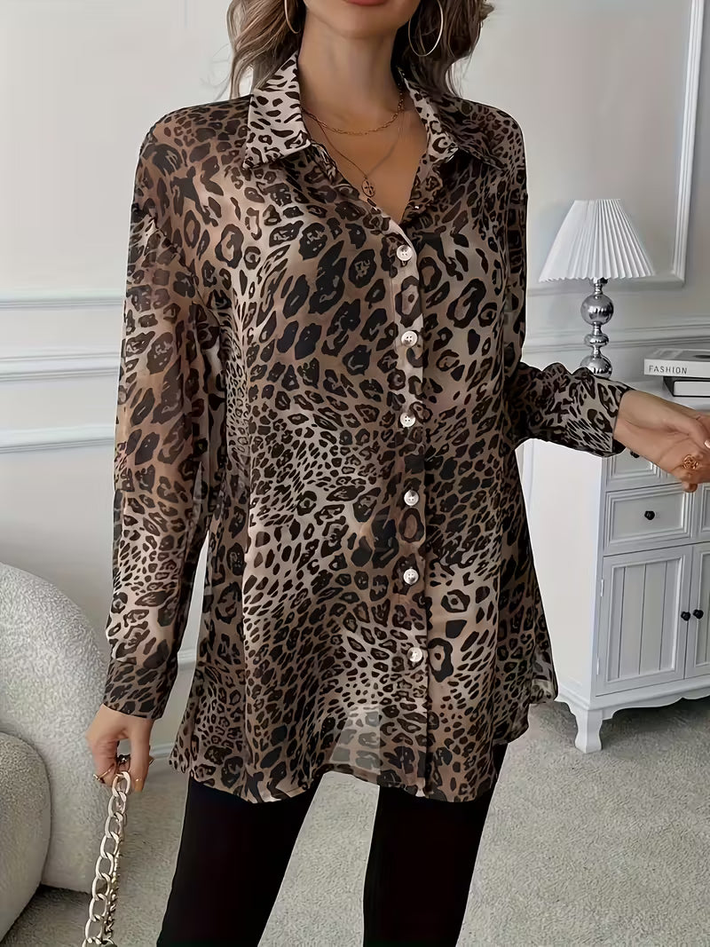 Plus Size - Women'S Leopard Print Long Sleeve Shirt