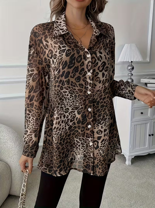 Plus Size - Women'S Leopard Print Long Sleeve Shirt
