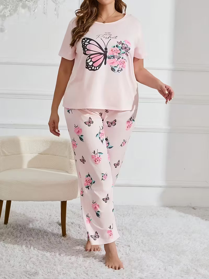 Plus Size Cartoon Sweet Butterfly Print Pajama Set