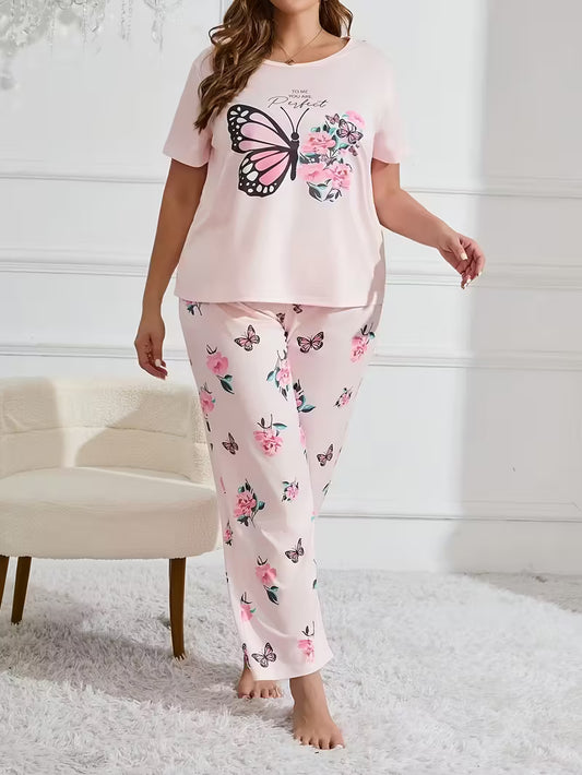 Plus Size Cartoon Sweet Butterfly Print Pajama Set