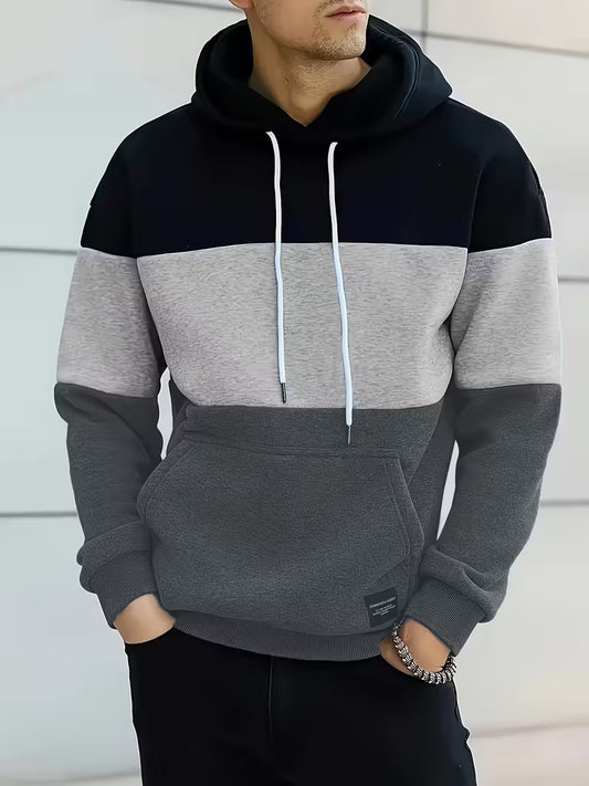 Men's Fleece-Lined Color Block Hoodie with Kangaroo Pocket