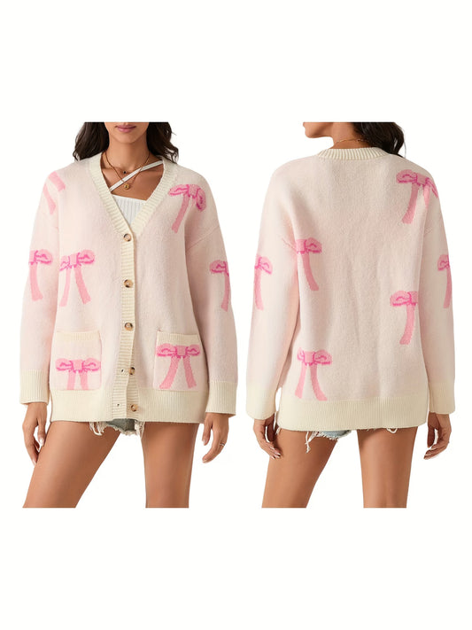 Button-Front Cardigan Sweater with Bow Print