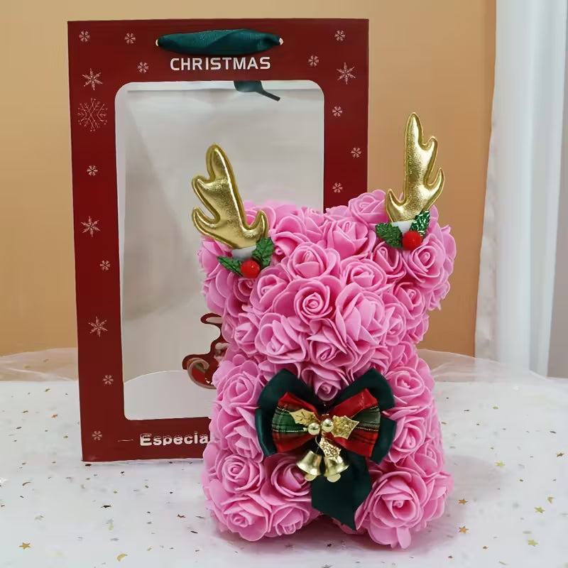 Christmas Teddy Bear Rose Flower Collectible  with Reindeer Antlers,