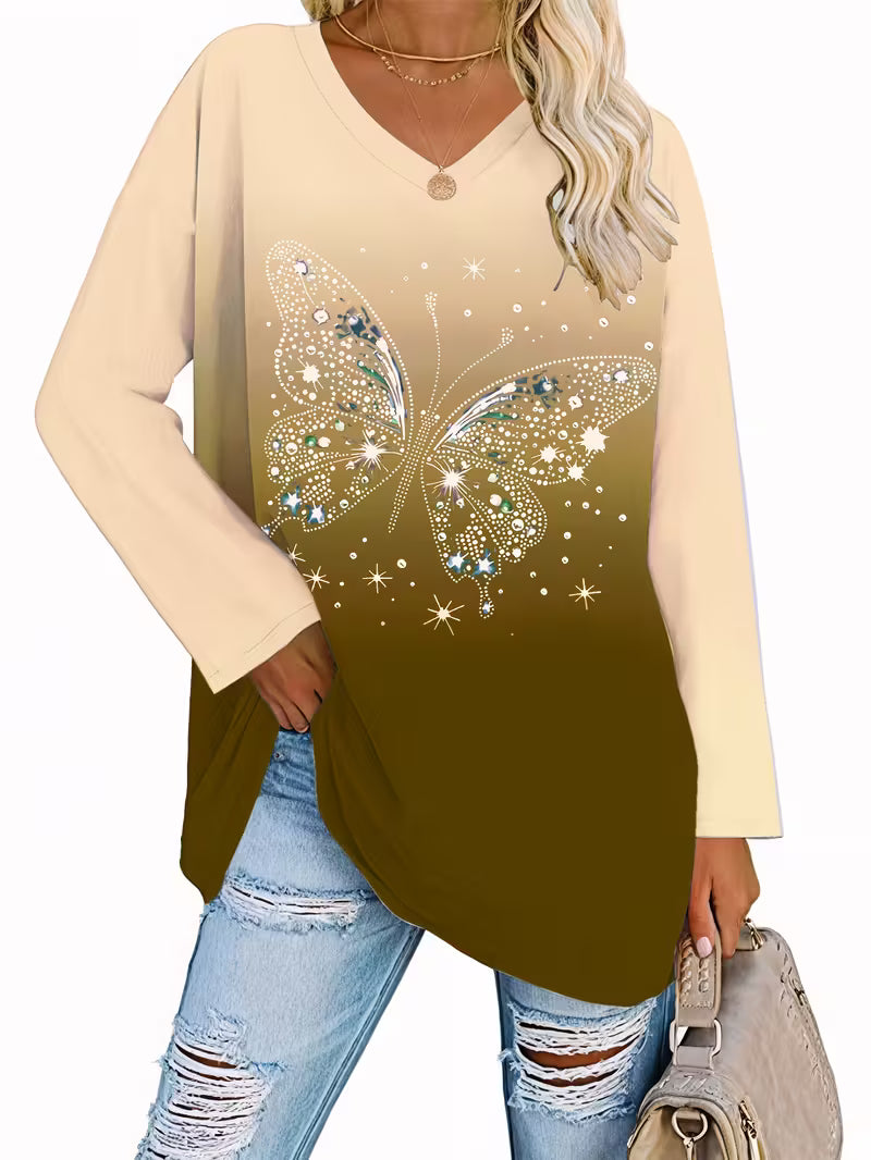 Plus Size Women'S Elegant Butterfly Print V-Neck Long Sleeve T-Shirt