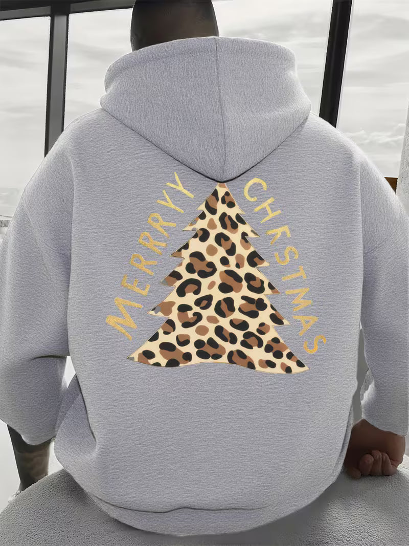 Trendy Black Leopard Print Christmas Tree Design Hoodie