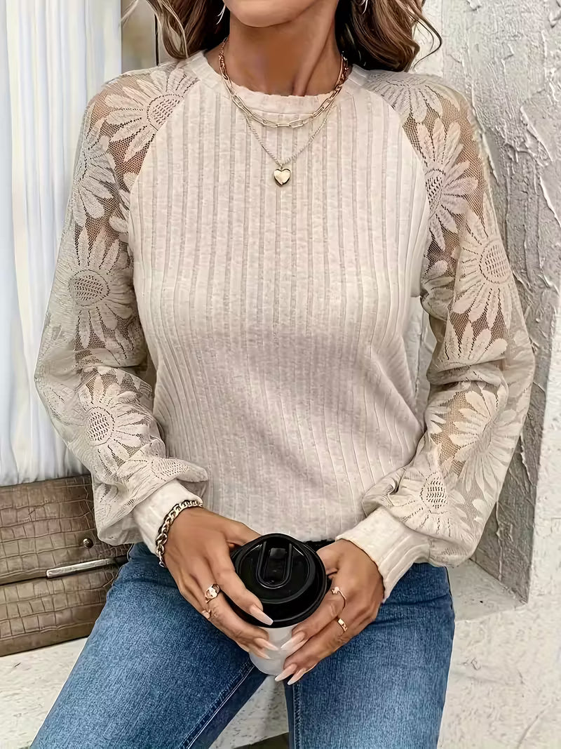 Plus Size Women'S Elegant Long Sleeve Tunic Top with Mesh Overlay