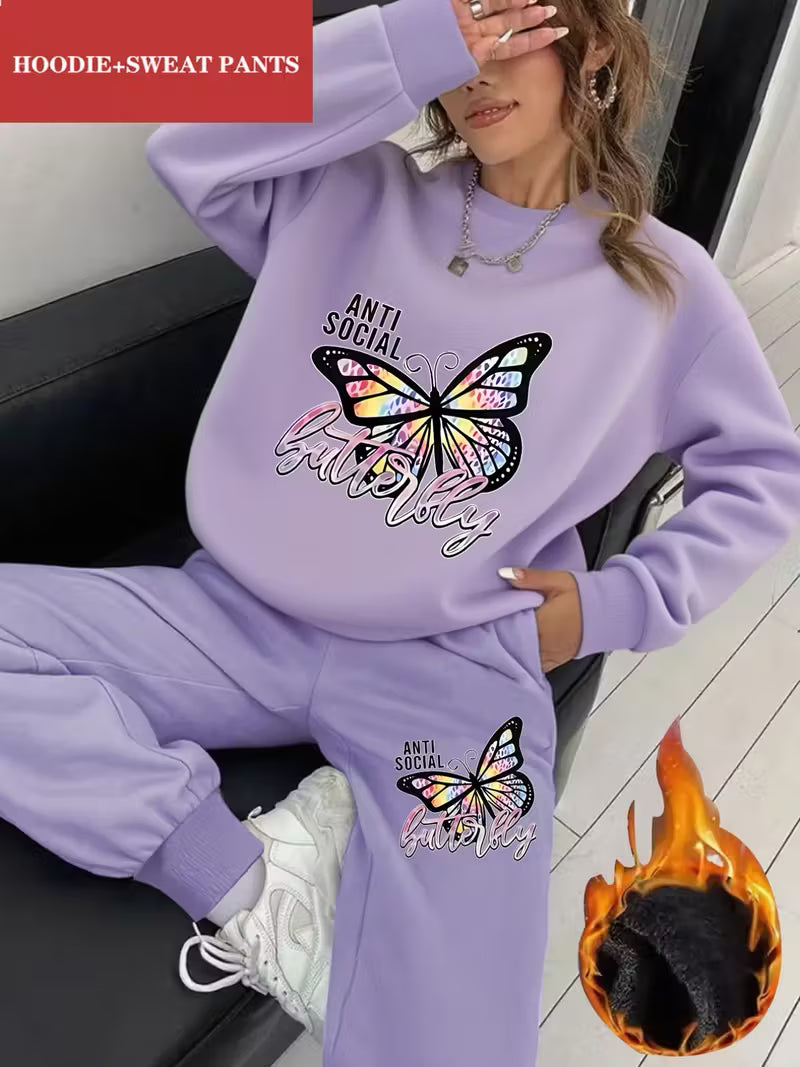 2pcs Women's Y2K Butterfly & Social Graphic Sweatsuit Set