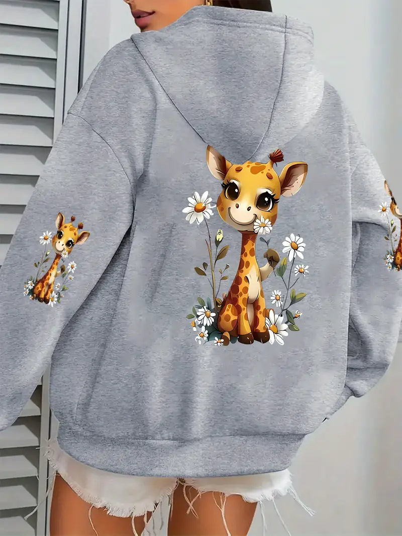 Women'S Casual Hooded Sweatshirt with Cute Giraffe Print