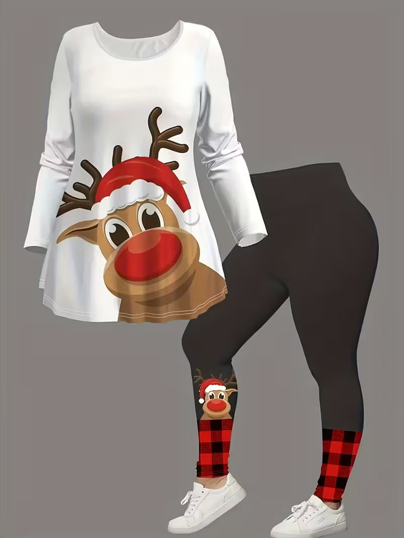 Christmas Printed Set Fashion Long Sleeve Top with Tight Pants,