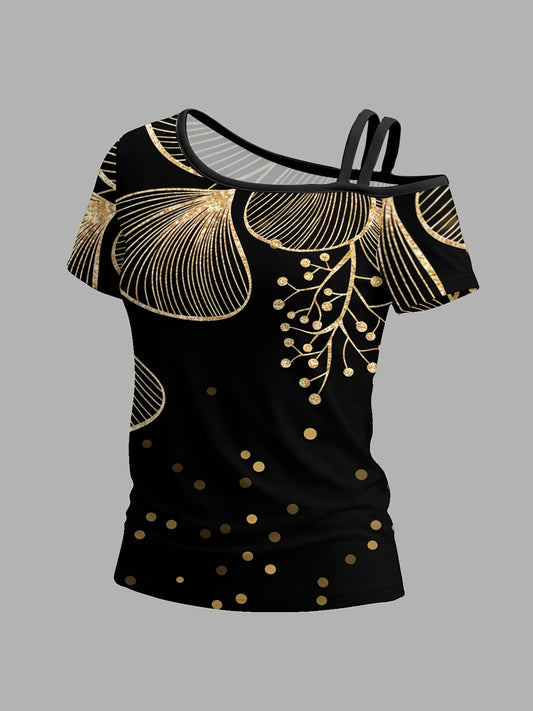 Golden Ginkgo Branch Women'S One-Shoulder Short-Sleeve T-Shirt with Unique Asymmetrical Design