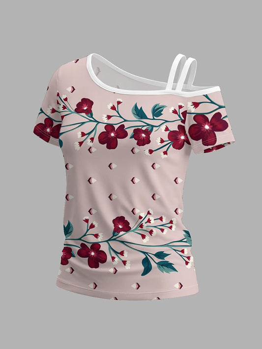 Vintage Red Floral Vine Women'S Single Shoulder Short Sleeve T-Shirt with Unique Asymmetrical Design And Trendy Prints