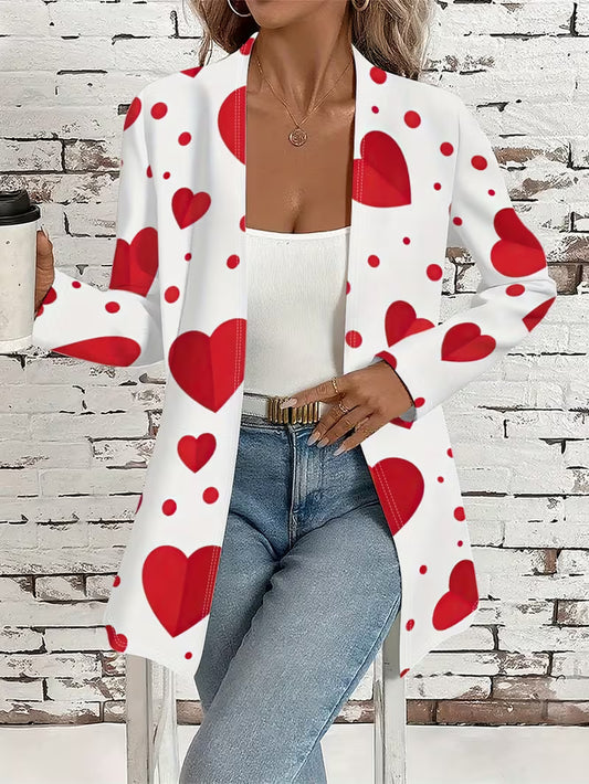 Women'S Red Heart Print Open Front Jacket