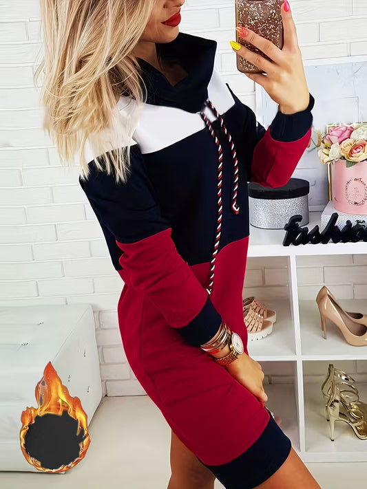 High-Neck Color Block Long Sleeve Dress