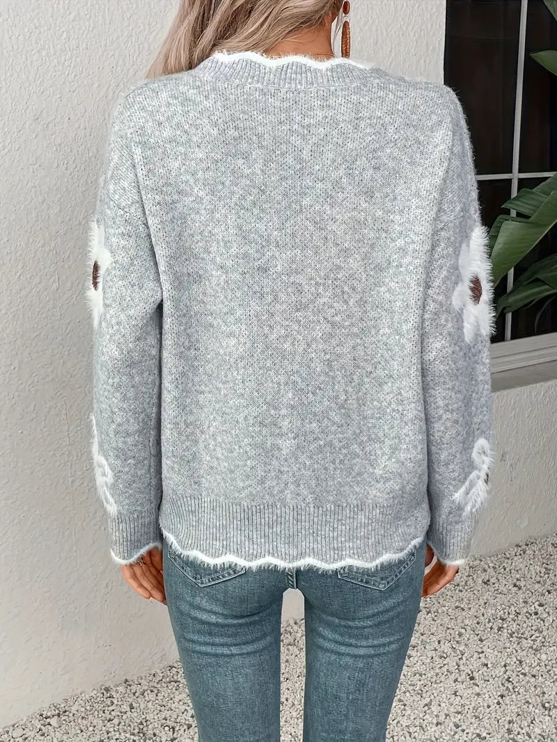 Women'S V-Neck Floral Sweater