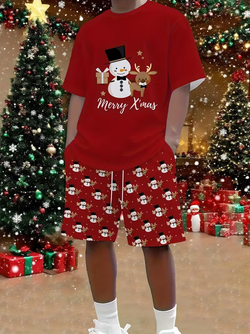 Men's Christmas Snowman & Reindeer Print Red