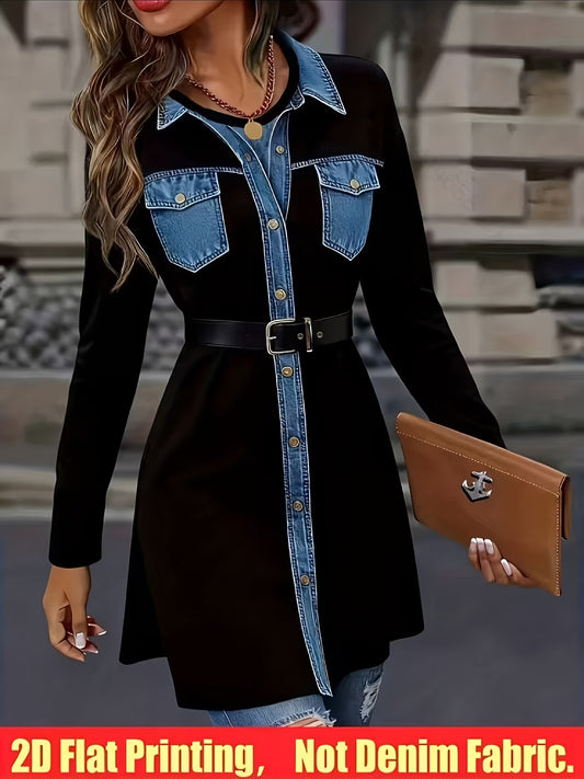 2D Printed Faux Denim Women's Long Top