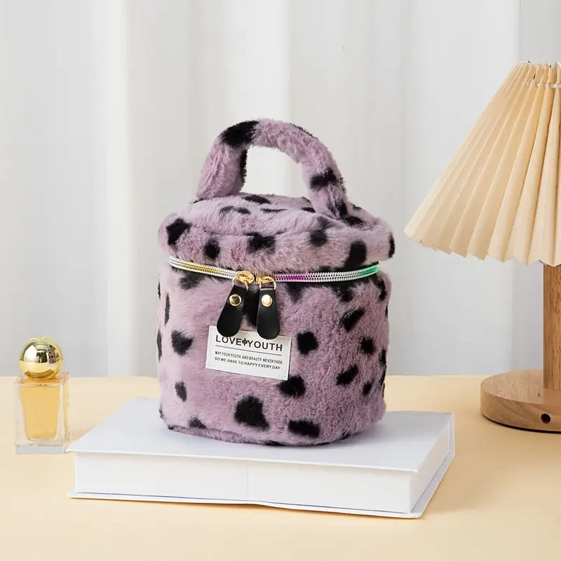 New Winter Plush Leopard Print Round Tote Cosmetic Bag