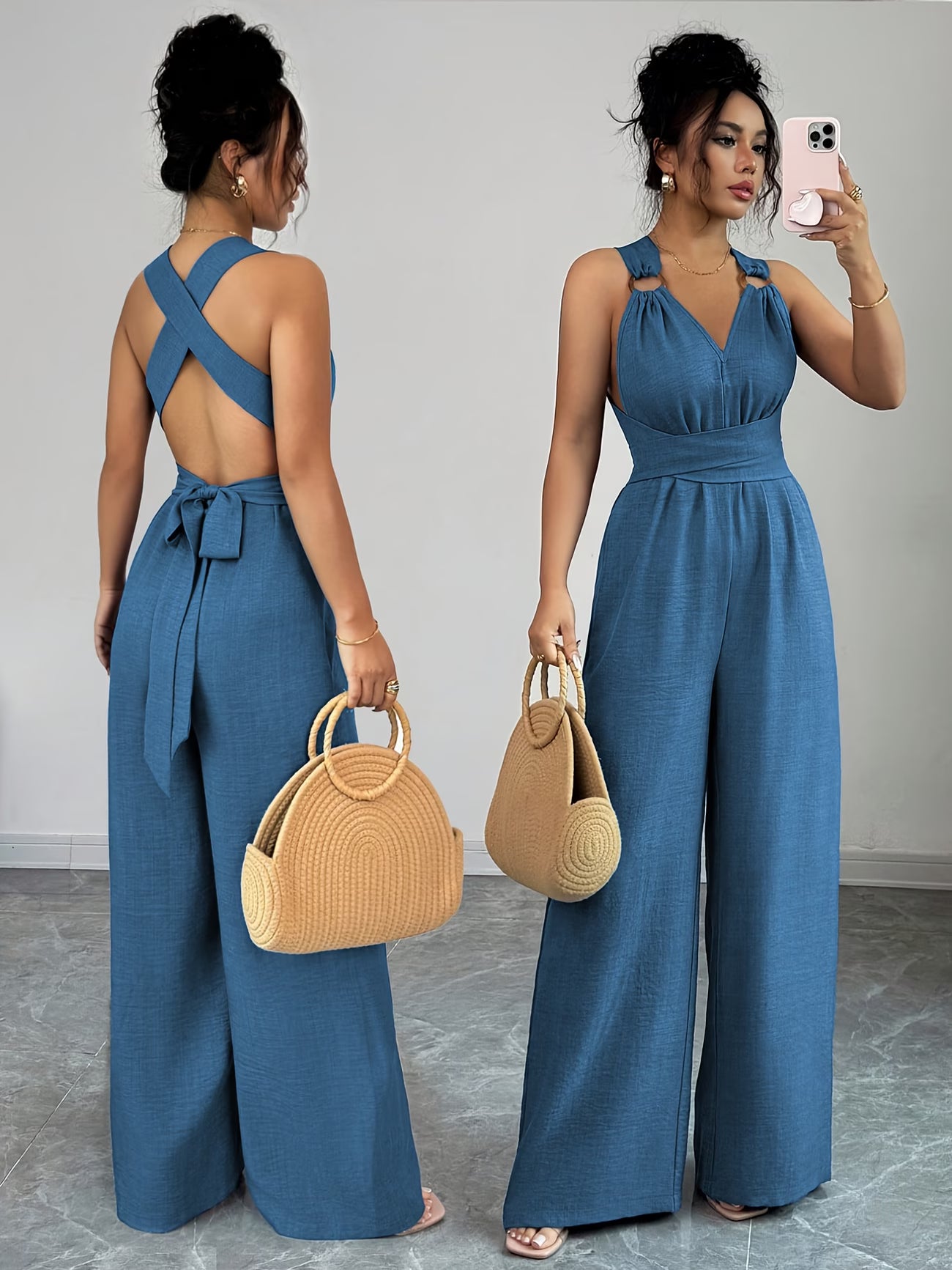 Women'S V-Neck Belted Wide-Leg Jumpsuit,