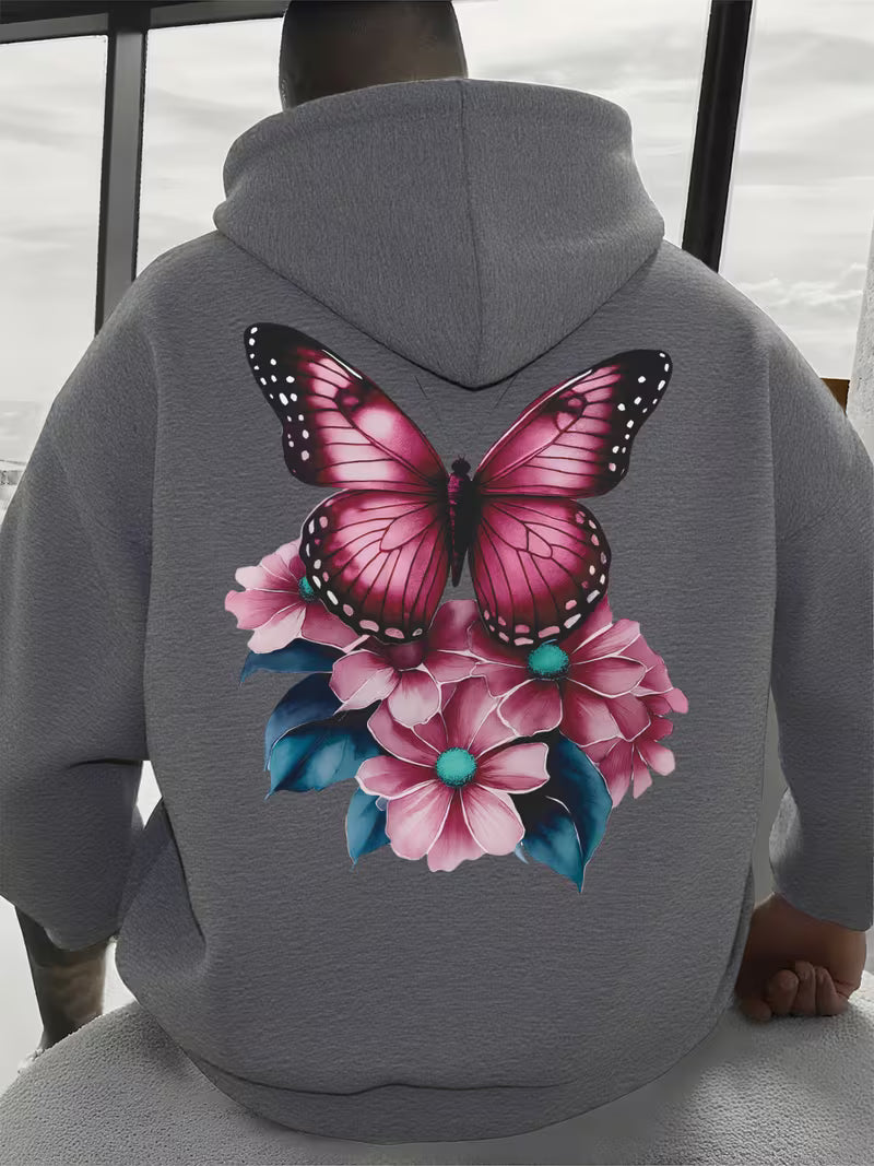 Men's Fleece-Lined Butterfly Print Hooded Sweatshirt