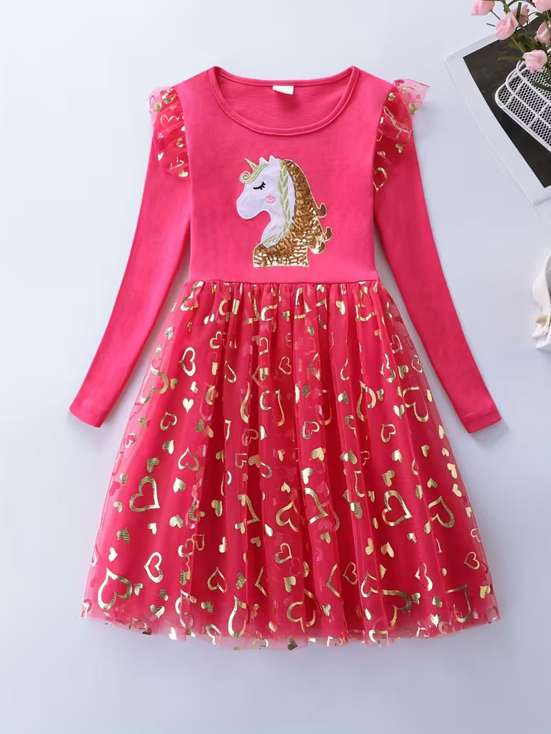 Unicorn Sequin Long Sleeve Girls Princess Dress