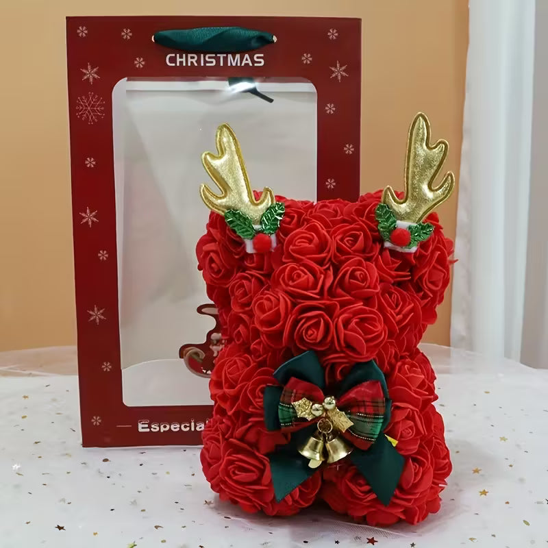 Christmas Teddy Bear Rose Flower Collectible  with Reindeer Antlers,
