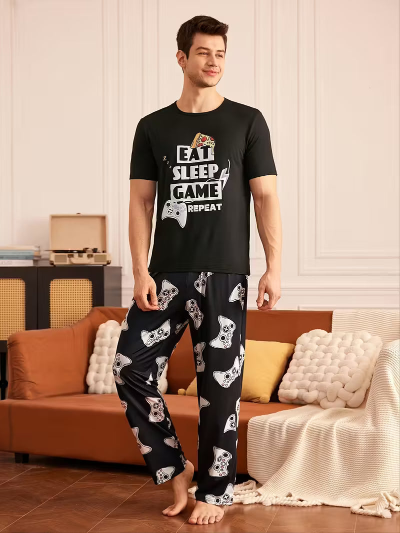 Printed Thin Short Sleeve Round Neck T-shirt and Long Pants