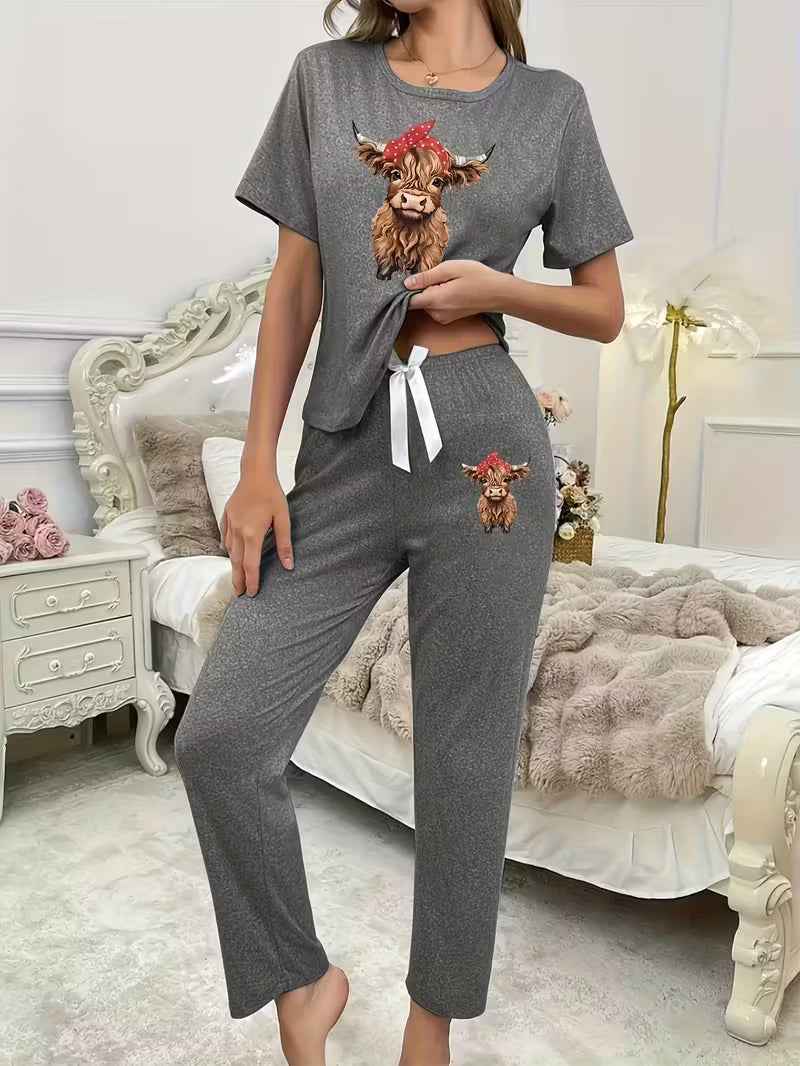Highland Cow Print Short Sleeve Long Pants Pajama Set
