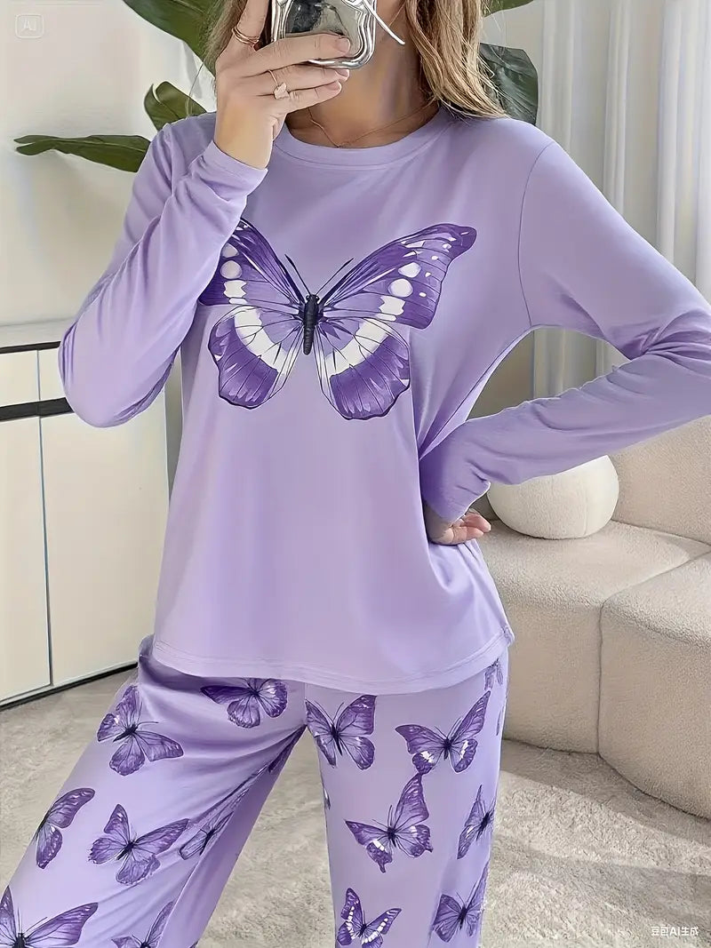 Women'S Blue Butterfly Print Long Sleeve Pajama Set
