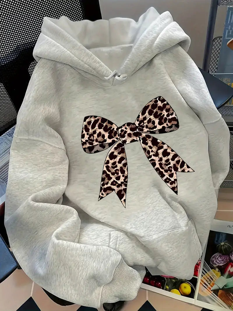 Pocket Leopard Print Bow Pattern Hoodie