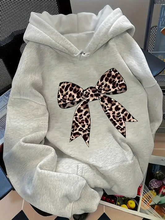 Pocket Leopard Print Bow Pattern Hoodie