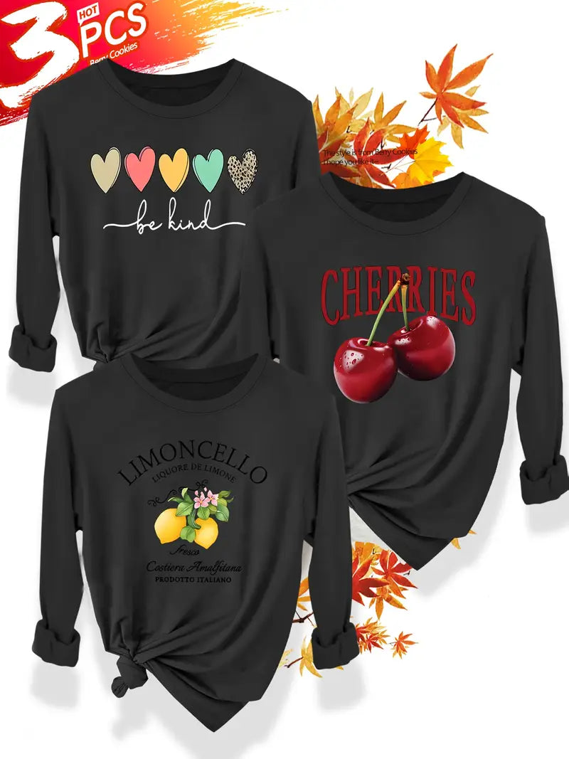 3pcs Women'S Cherry & Limoncello Graphic T-Shirts