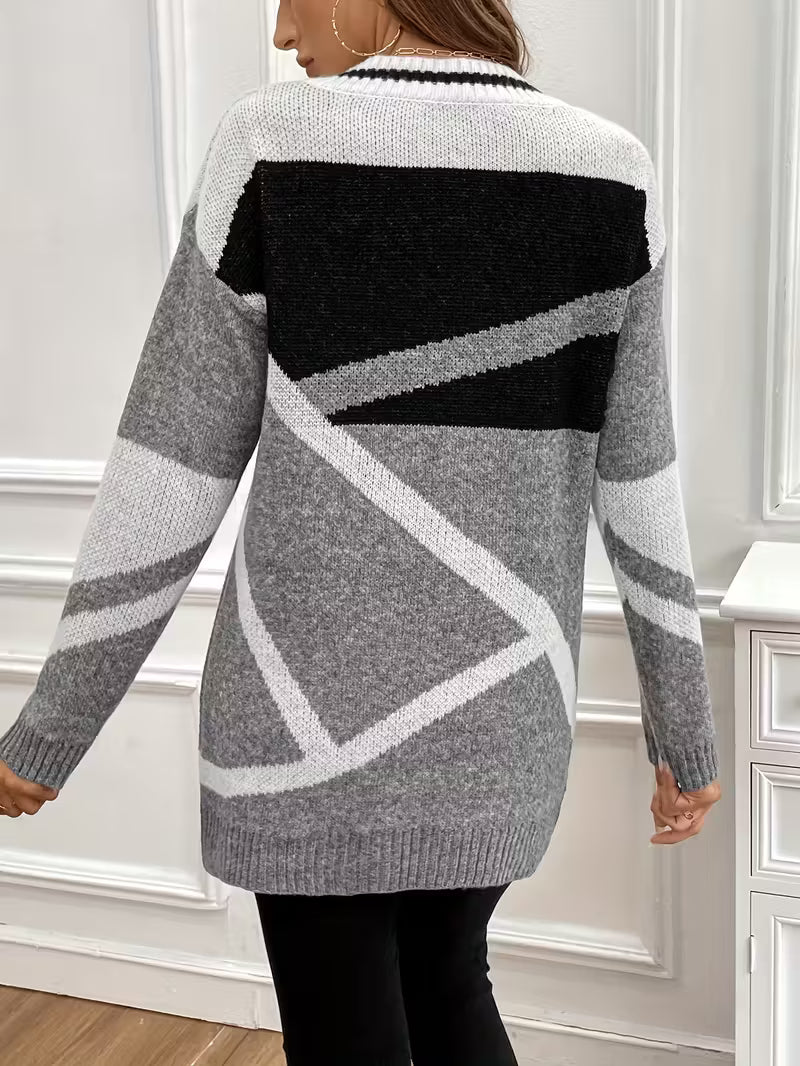 Stylish Color Block V Neck Sweater