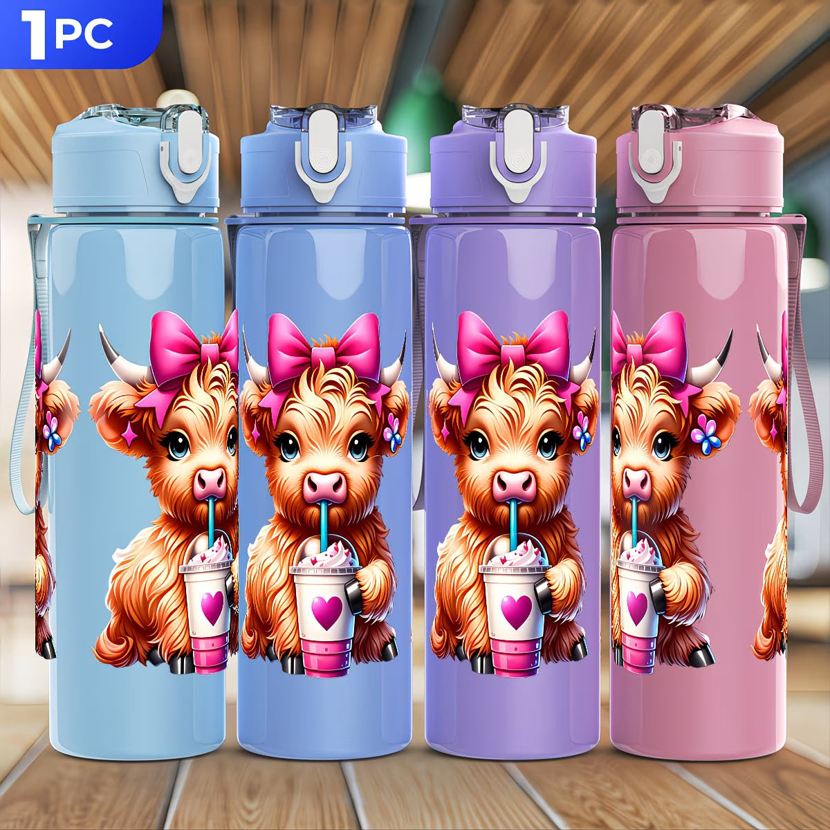 A Cute Highland Cow Themed Plastic Water Cup, Large Capacity, Leak-Proof,