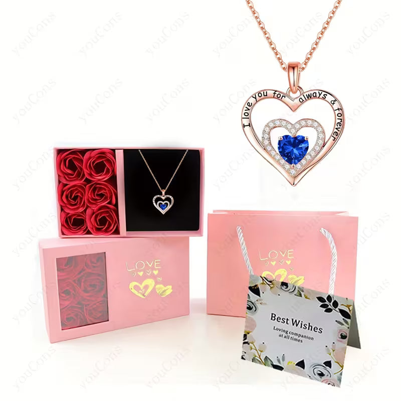 Elegant Six-Rose Pink Gift Box with Double Heart Pendant Necklace,