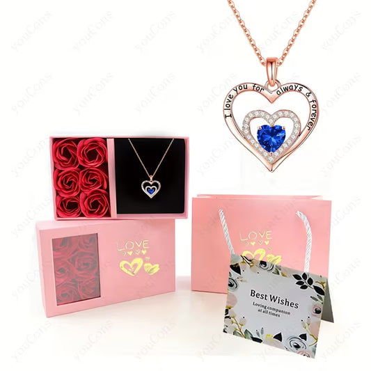 Elegant Six-Rose Pink Gift Box with Double Heart Pendant Necklace,