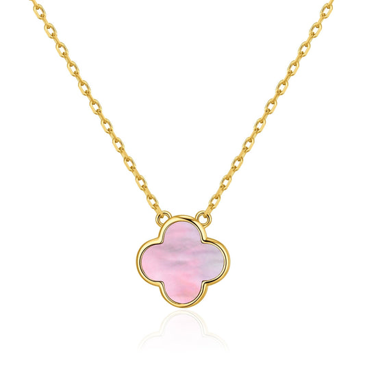 Gold Plated Pink Mother of Pearl Gemstone Clover Necklace