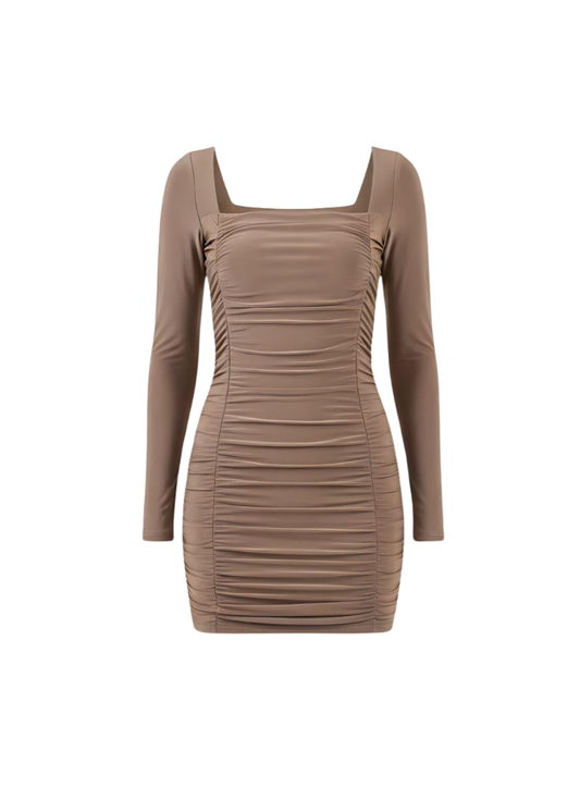 Mocha Long Sleeve Ruched Bodycon Mini Dress