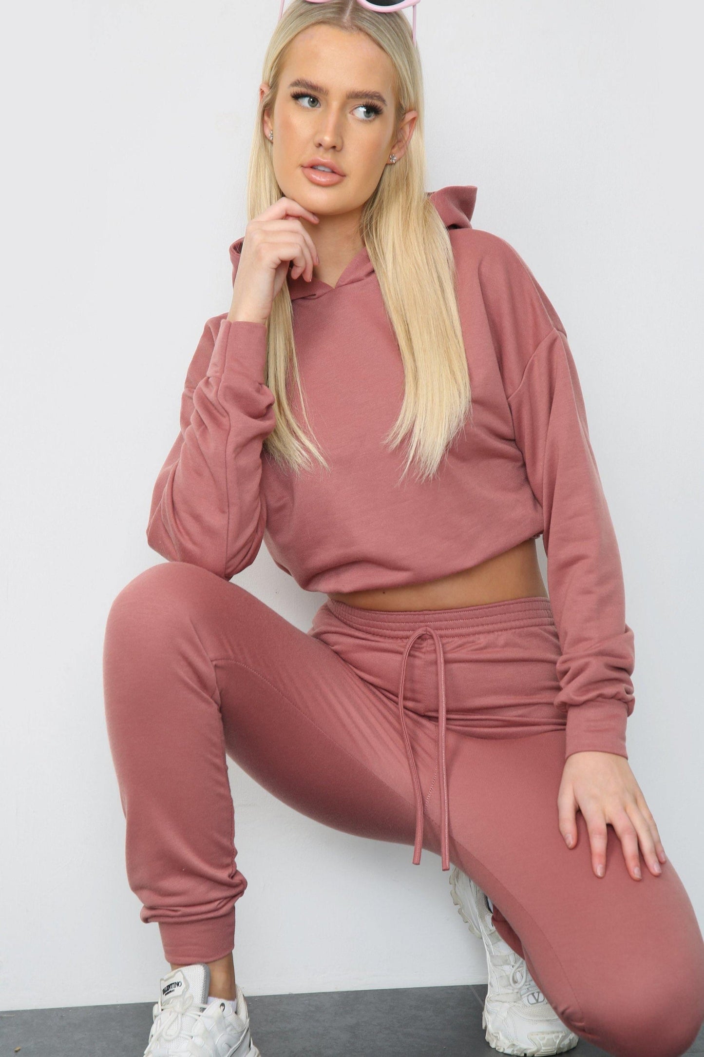 Matching Oversized Hooded Long Sleeve Cropped Top Ribbed Tracksuit