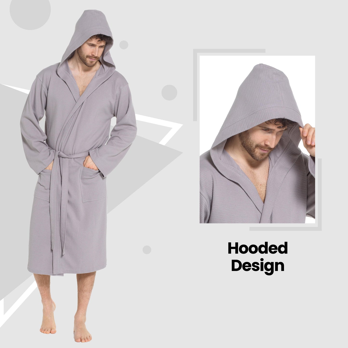 Men’s Hooded Waffle Cotton Bathrobe Grey Super Absorbent Spa Robe Luxury Dressing Gown for Home & Loungewear by OLIVIA ROCCO