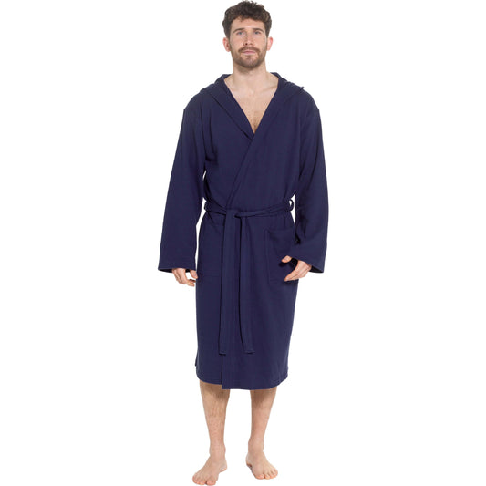 Men’s Hooded Waffle Cotton Bathrobe Navy Super Absorbent Spa Robe Luxury Dressing Gown for Home & Loungewear by OLIVIA ROCCO