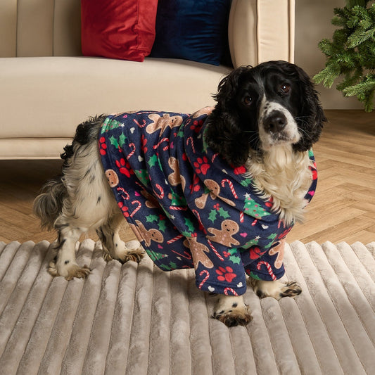 Gingerbread Paw Print Dog Hoodie Blanket - Navy