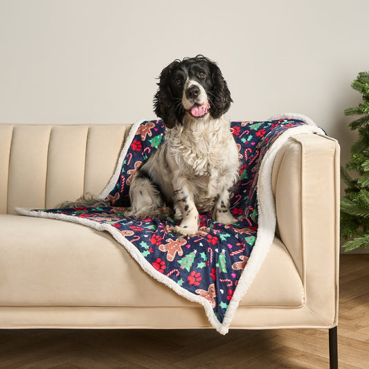 Gingerbread Paw Print Sherpa Reverse Throw - Navy