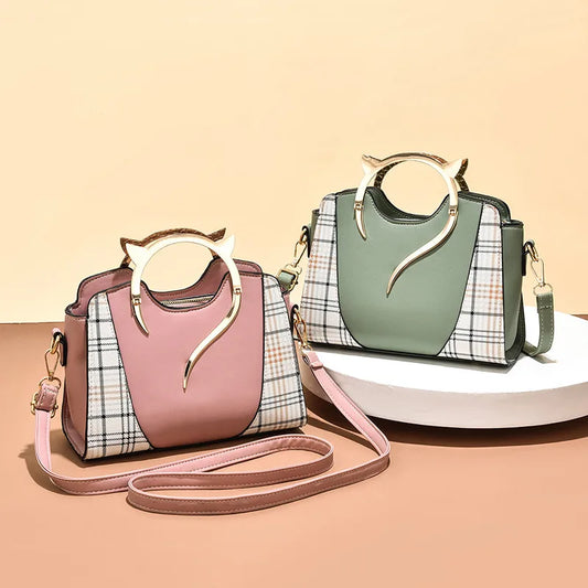 Women's Pu Leather Splicing Plaid Classic Style Sewing Thread Bucket Zipper Handbag