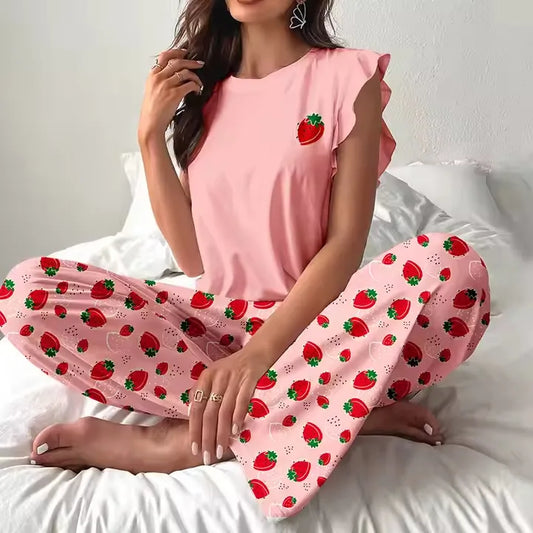 New Milk Silk Fly Sleeve Short T Long Pants Set Women's Home Clothes Can Be Worn Outside Sleepwear Summer Women's Fashion