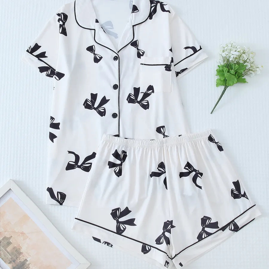Holiday Daily Women's Vacation Simple Style Bow Knot Polyester Milk Fiber Shorts Sets Pajama Sets