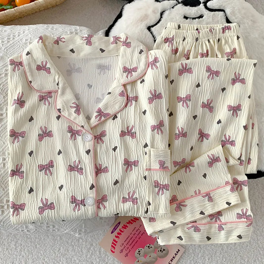 Sweet Girl's Long Sleeve Home Clothes Set Spring Autumn New Style Heart Butterfly Knot Pleated Cloth Sleepwear Women's Fashion