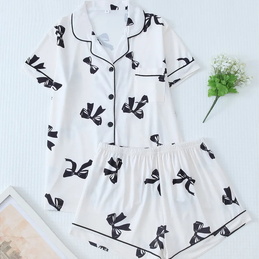 Holiday Daily Women's Vacation Simple Style Bow Knot Polyester Milk Fiber Shorts Sets Pajama Sets
