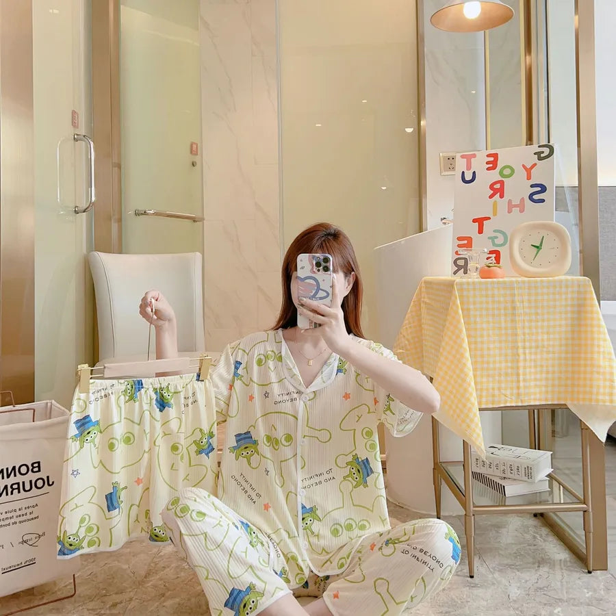 Spring Autumn Women's Sleepwear Short Sleeve Loose Home Clothes Cute Girl's Pajamas Set Casual Breathable Polyester Silk