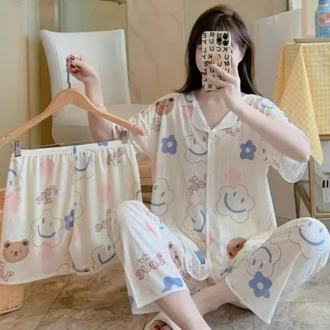 Spring Autumn Women's Sleepwear Short Sleeve Loose Home Clothes Cute Girl's Pajamas Set Casual Breathable Polyester Silk